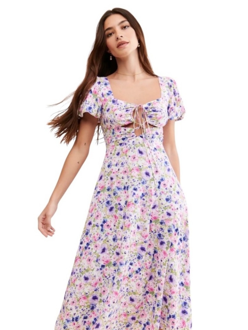 Astr Floral Tie-Front Maxi Dress in Pastel Pink, Purple and Green